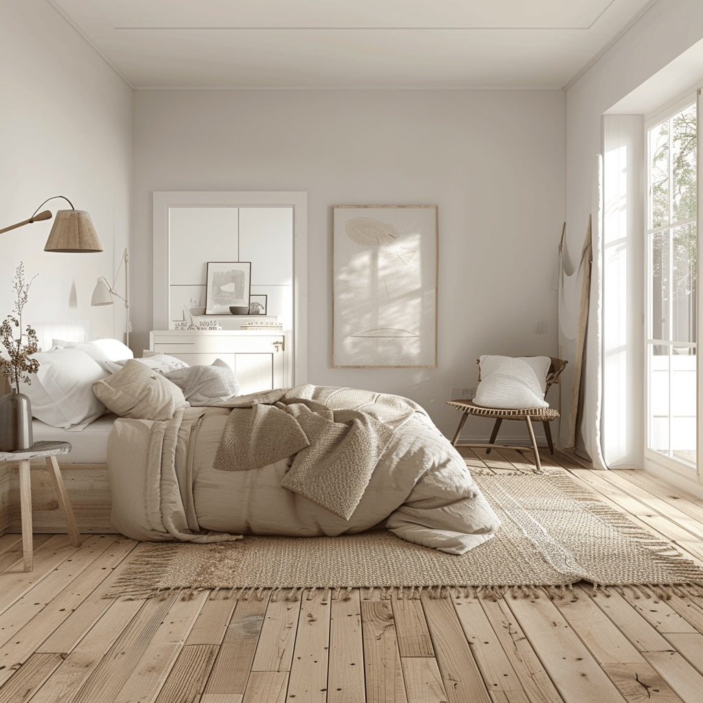 Bright minimalist Scandinavian bedroom with light wooden floor, neutral bedding, and natural textures